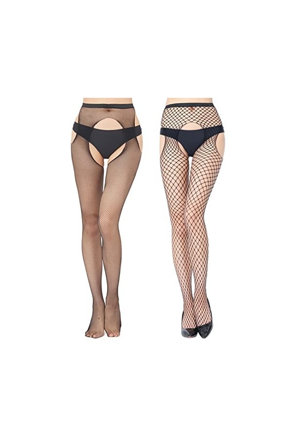 KLONKEE Collants résille pour femme taille haute sexy en maille transparente, Noir-021, taille unique