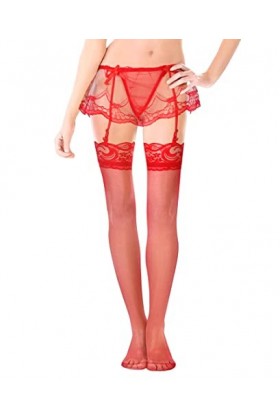 Ensemble porte-jarretelles en dentelle pour femme avec porte-jarretelles et bas hauts, bretelles sexy avec nœud en satin et 4