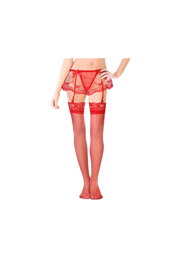 Ensemble porte-jarretelles en dentelle pour femme avec porte-jarretelles et bas hauts, bretelles sexy avec nœud en satin et 4