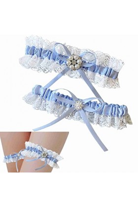 Lot de 2 porte-jarretelles en dentelle bleue, porte-jarretelles extensibles en dentelle, anneaux de jambe, nœud en perles, ha