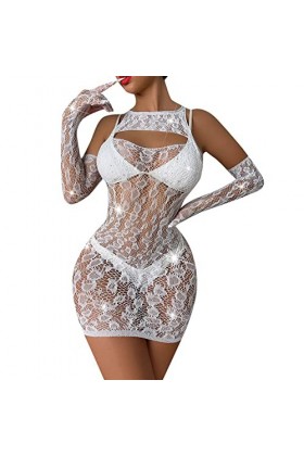 Dames Sexy Brillant Lingerie avec Manches Maille Dentelle Transparente Sexy Hip Pack Body Cycliste Lingerie White, One Size 