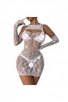 Dames Sexy Brillant Lingerie avec Manches Maille Dentelle Transparente Sexy Hip Pack Body Cycliste Lingerie White, One Size 