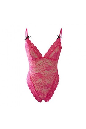 GilRu Femmes Sexy Lace Up Teddy Lingerie Body Floral Brodé Stretchy Mesh Sheer Cut Out Lingerie Sexe Hot Pink, XXXL 