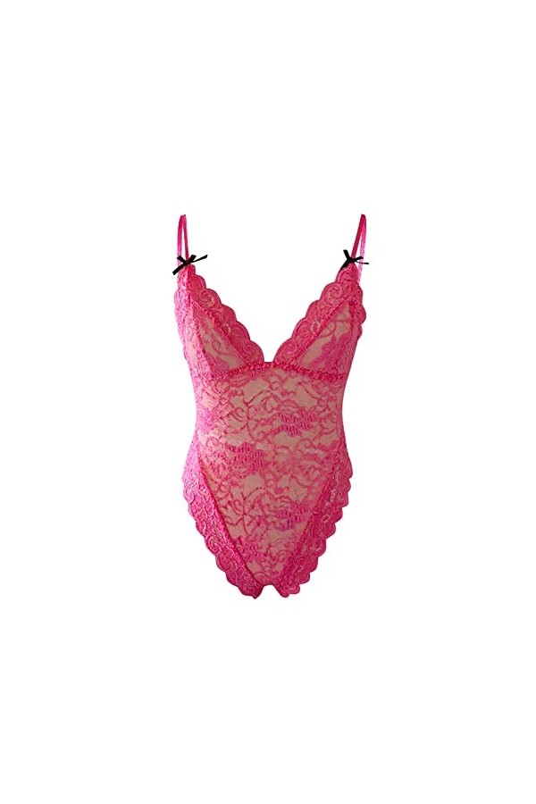 GilRu Femmes Sexy Lace Up Teddy Lingerie Body Floral Brodé Stretchy Mesh Sheer Cut Out Lingerie Sexe Hot Pink, XXXL 