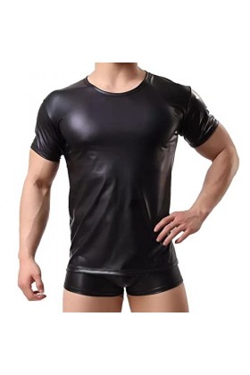 Veste pour homme aspect vernis T-shirt slim fit latex brillant haut sexy en cuir verni avec col montant hippie disco fête clu