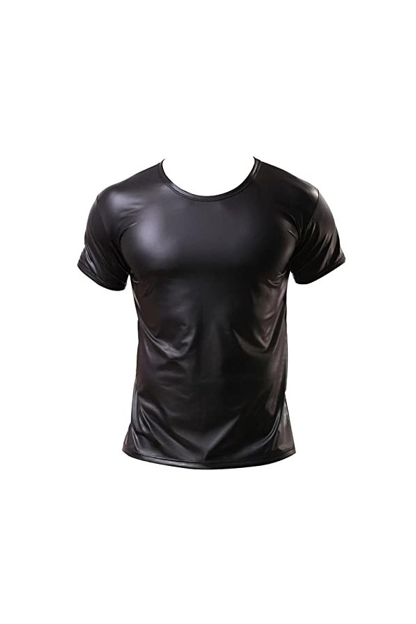 Veste pour homme aspect vernis T-shirt slim fit latex brillant haut sexy en cuir verni avec col montant hippie disco fête clu