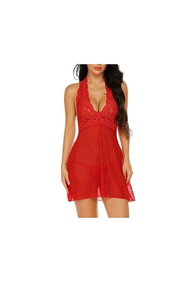 Ensemble de pyjama sexy en satin pour femme, Rouge, M