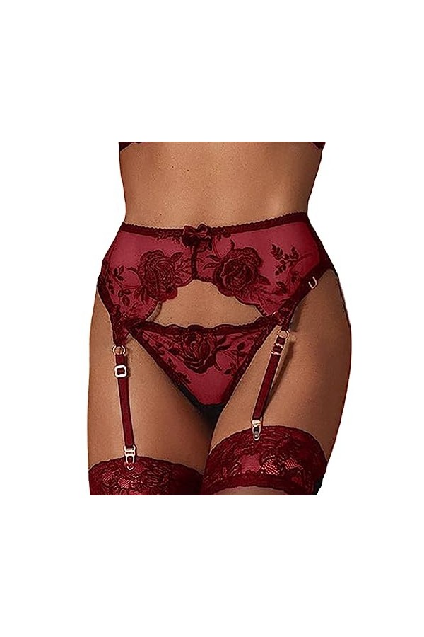 NewBull Porte-Jarretelle Sexy Ensemble Femme Nuisette Lingerie avec 4 Ajustable Bretelles Dentelle Florale Transparente Strin