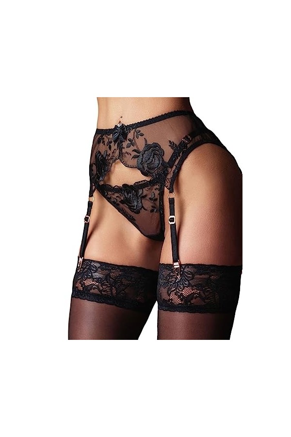 NewBull Porte-Jarretelle Sexy Ensemble Femme Nuisette Lingerie avec 4 Ajustable Bretelles Dentelle Florale Transparente Strin