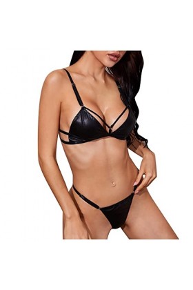 GilRu Ensemble de Lingerie découpé en Cuir PU 2 pièces pour Femmes avec String en V Coudre De La Lingerie Black, M 