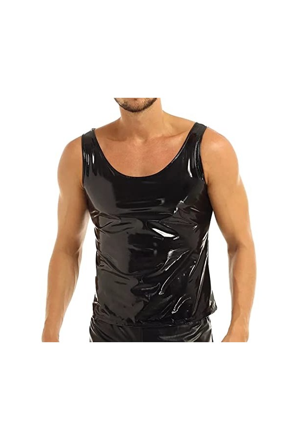 T-shirt pour homme, effet mouillé, en cuir verni, maille, haut sans manches, manteau effet mouillé, haut sexy en cuir verni p
