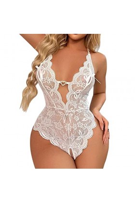 BIISDOST Dentelle pour Dames Voir à Travers lentrejambe Pyjama Sexy Lingerie Sexy Lingerie Sexy en Dentelle White, XXL 