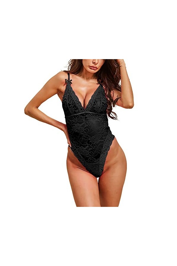 GilRu Femmes Sexy Lace Up Teddy Lingerie Body Floral Brodé Stretchy Mesh Sheer Cut Out Lingerie Sexe Black, XXL 