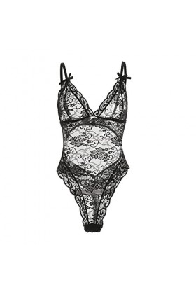 GilRu Femmes Sexy Lace Up Teddy Lingerie Body Floral Brodé Stretchy Mesh Sheer Cut Out Lingerie Sexe Black, XXL 