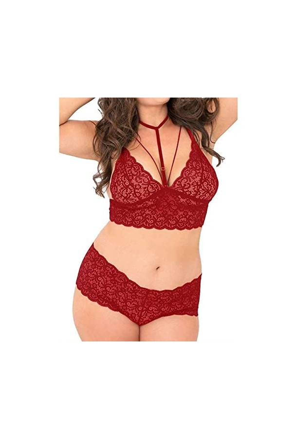 liaddkv Ensemble de 2 culottes et soutien-gorge sexy en dentelle florale sans armatures pour homme, Bordeaux, XXL