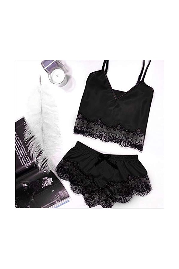 liaddkv Lingerie sexy en satin pour femme, Noir , XL