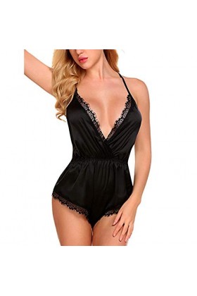 BIISDOST Sexy femmes dentelle Satin Body Sexy Teddy Lingerie dos combinaison sous-vêtements Tenue Sexy Hot Black, XXXL 