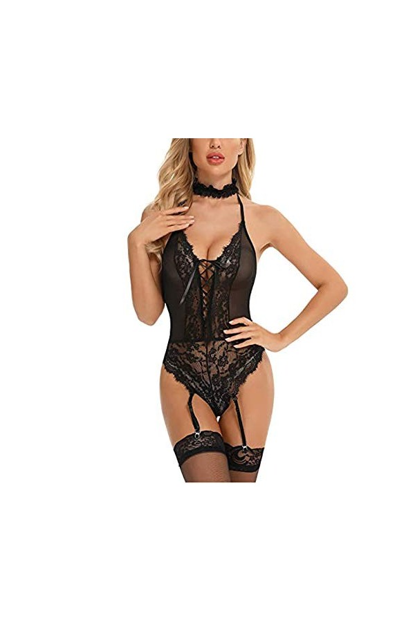 liaddkv Ensemble de sous-vêtements sexy en acier avec anneau et collants de sommeil, Noir , L