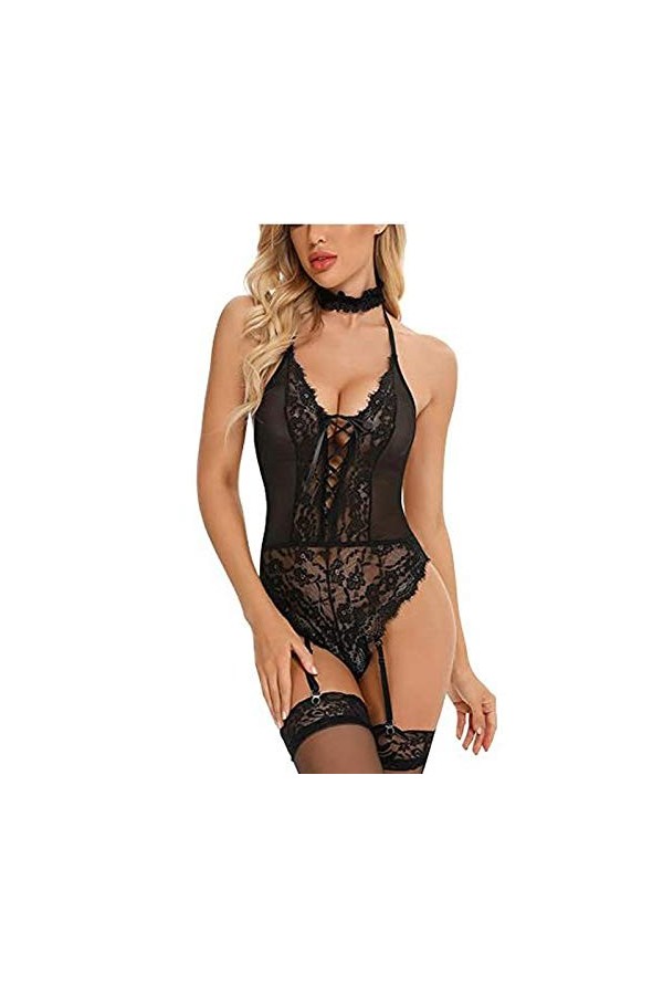 liaddkv Ensemble de sous-vêtements sexy en acier avec anneau et collants de sommeil, Noir , L