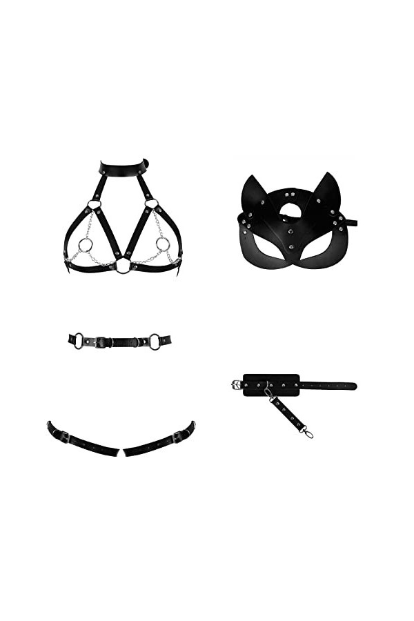 Lot de 4 harnais en cuir pour femme - Ensemble de lingerie avec masque de renard, porte-jarretelles et dragonne, pour Hallowe