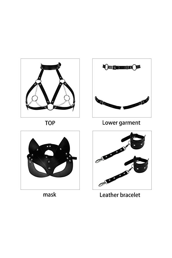 Lot de 4 harnais en cuir pour femme - Ensemble de lingerie avec masque de renard, porte-jarretelles et dragonne, pour Hallowe