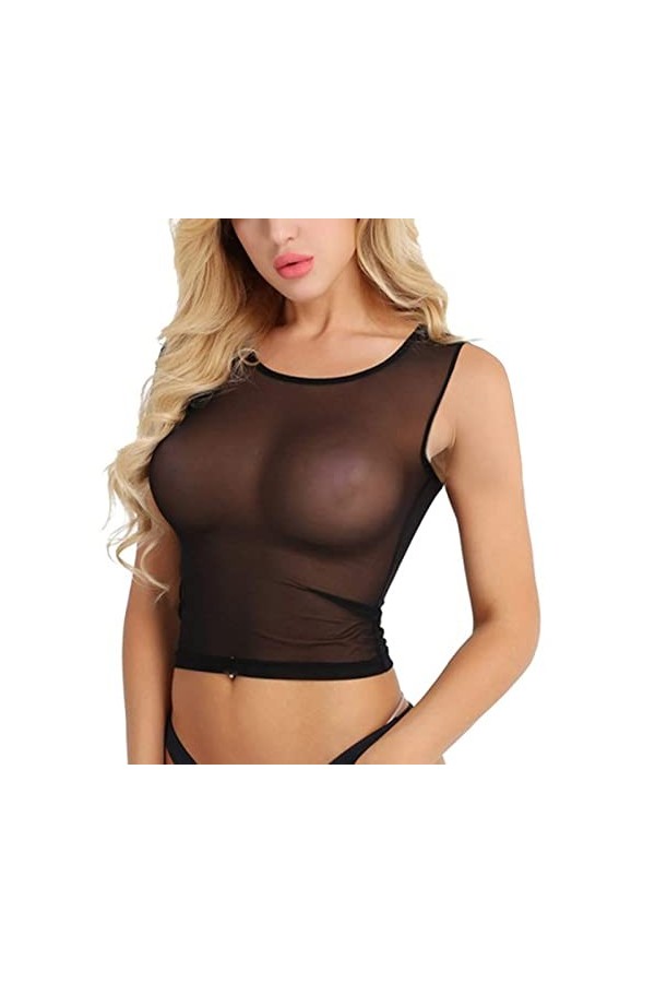 T-shirt court transparent sans manches décontracté en maille transparente pour femme Lingerie Japon, Noir , XXL