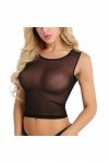 T-shirt court transparent sans manches décontracté en maille transparente pour femme Lingerie Japon, Noir , XXL