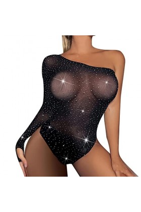 Dames Sexy Brillant Une épaule Lingerie Maille Pure Dentelle Sexy Body Maison Close Lingerie Black, One Size 