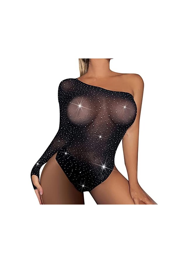 Dames Sexy Brillant Une épaule Lingerie Maille Pure Dentelle Sexy Body Maison Close Lingerie Black, One Size 