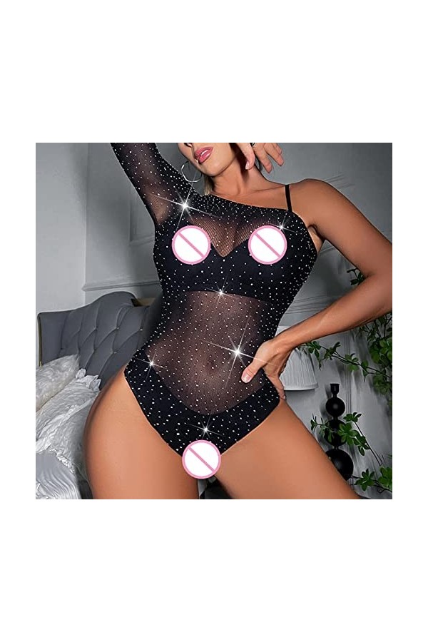 Dames Sexy Brillant Une épaule Lingerie Maille Pure Dentelle Sexy Body Maison Close Lingerie Black, One Size 