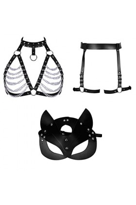 Harnais pour femme en cuir avec chaîne et porte-jarretelles, Noir , taille unique