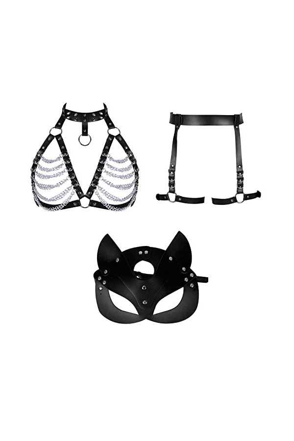 Harnais pour femme en cuir avec chaîne et porte-jarretelles, Noir , taille unique