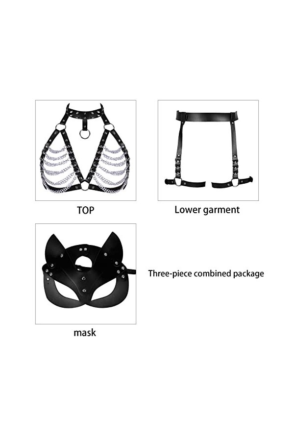 Harnais pour femme en cuir avec chaîne et porte-jarretelles, Noir , taille unique