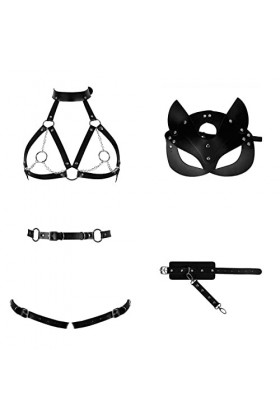 BBOHSS Femmes Body Harness Mode Leder Punk BH Anzug Maske Metallkette Strumpfband Gothic Karneval Halloween Tanzkostüm, Noir 