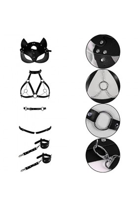 BBOHSS Femmes Body Harness Mode Leder Punk BH Anzug Maske Metallkette Strumpfband Gothic Karneval Halloween Tanzkostüm, Noir 