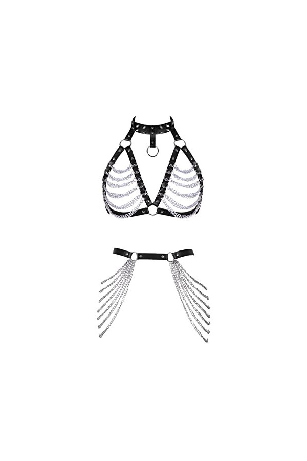 JMMHSS Ensemble de chaîne en cuir pour femme - Sangle de poitrine multicouche - Soutien-gorge goth punk - Ceinture de taille 