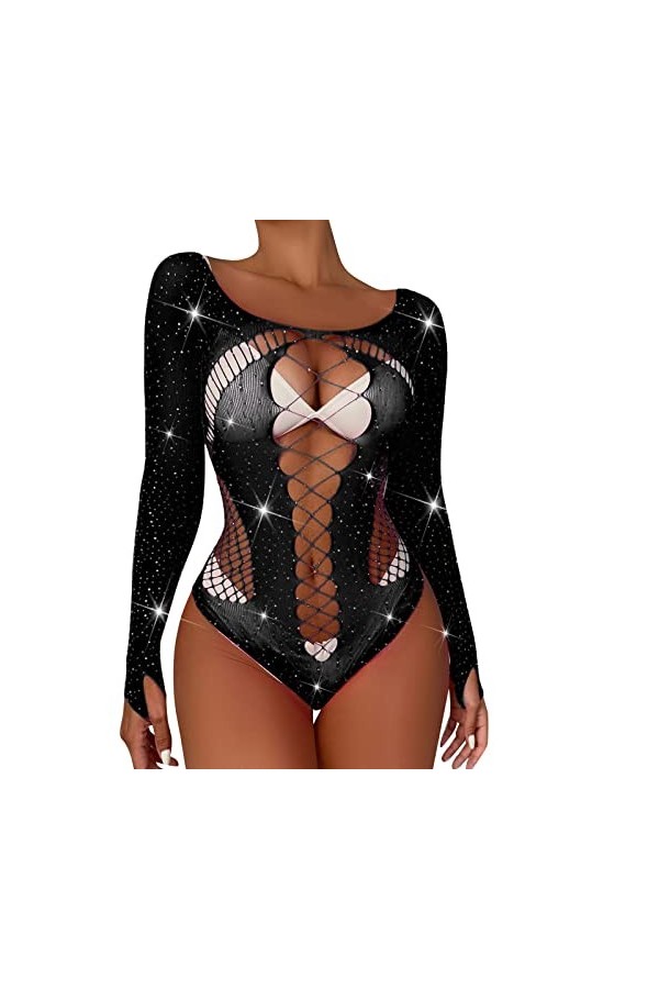 liaddkv Lingerie sexy pour femme - Manches longues - Transparent - Creux - Lingerie sexy - Rouge, Noir , taille unique
