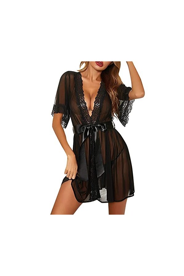 Jiabing Womens Large Sexy Lingerie Lace Sexy Nightdress Solid Color Home Pyjamas Lingerie Corset Jarretelle Black, XXL 