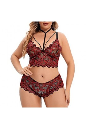 liaddkv Ensemble de lingerie sexy pour femme avec licol, tour de cou, soutien-gorge à lanières et culotte - 2 pièces - Rouge,