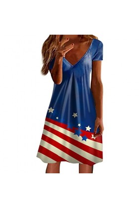 Robe Tunique Mesdames dété à Manches Courtes Fashion Dress V Neck Swing Flowy Robe Confortable Bleu de Travail Femme Blue, 