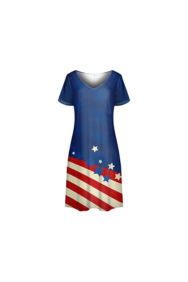 Robe Tunique Mesdames dété à Manches Courtes Fashion Dress V Neck Swing Flowy Robe Confortable Bleu de Travail Femme Blue, 