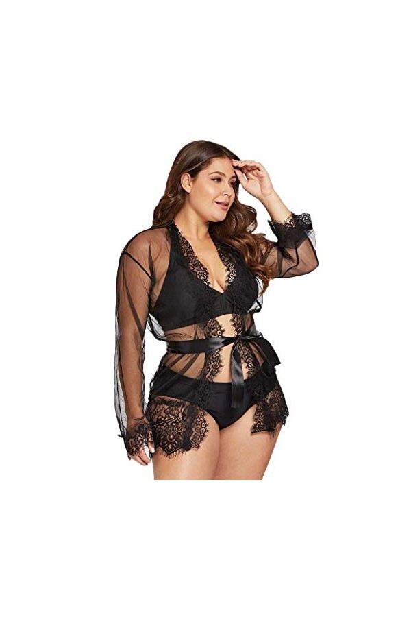 liaddkv Femmes Sexy Plus Taille Cils Dentelle Trim Robe + Ceinture Pyjamas Sous-Vêtements Lingerie Sexy, Noir , L