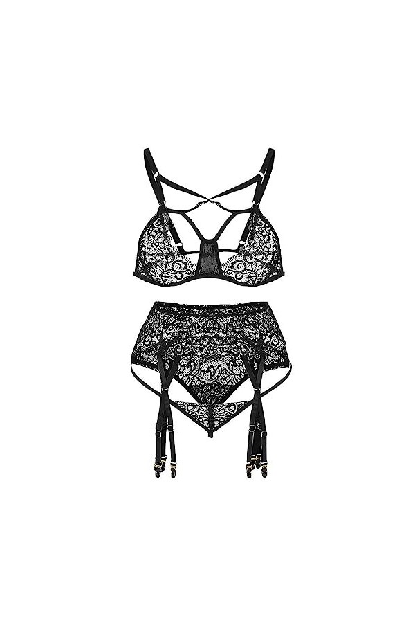 Lingerie Sexy Femme Ensemble de sous-vêtements en Dentelle Sexy pour Femmes Nuisette Satin Black, XL 