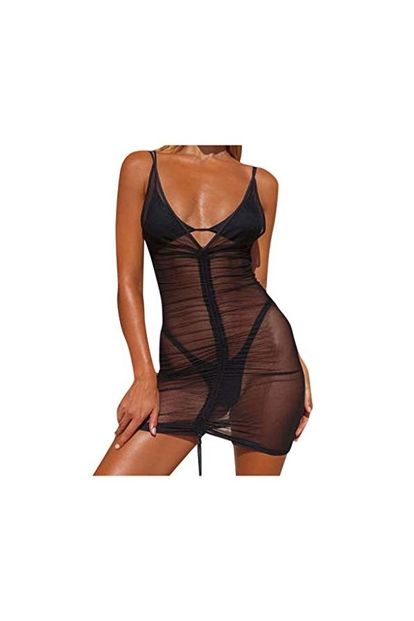 IKFIVQD Lingerie sexy pour femme - Mini robe de plage en dentelle transparente, Noir , L