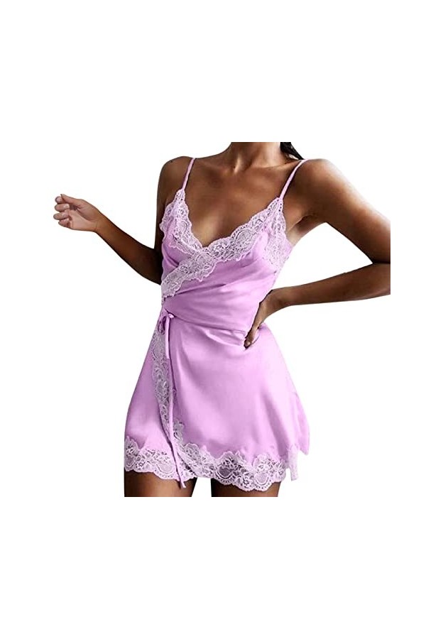 IKFIVQD Lingerie sexy en dentelle pour femme Lingerie sexy en satin pyjama short ensemble pyjama ensemble de pyjama, 3-violet