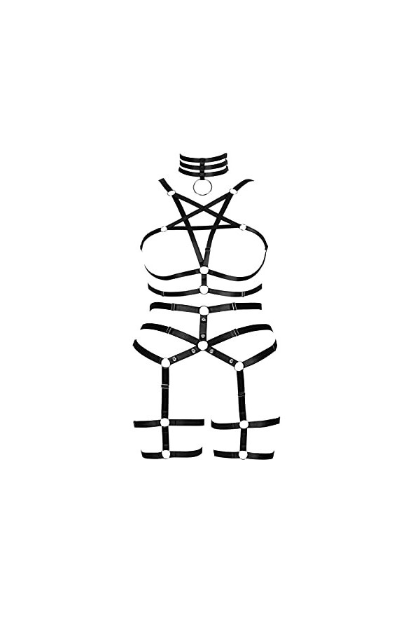 Harnais de corps punk pentagramme sous-vêtements pour femme grande taille cage creuse soutien-gorge jarretière ensemble Fat f