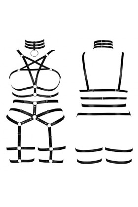Harnais de corps punk pentagramme sous-vêtements pour femme grande taille cage creuse soutien-gorge jarretière ensemble Fat f