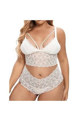 Plus Size Lingerie Sexy Col V Taille Haute Dentelle Florale Soutien-gorge et Culotte Ensemble 2 Pièces sans Armature Tenue Fe