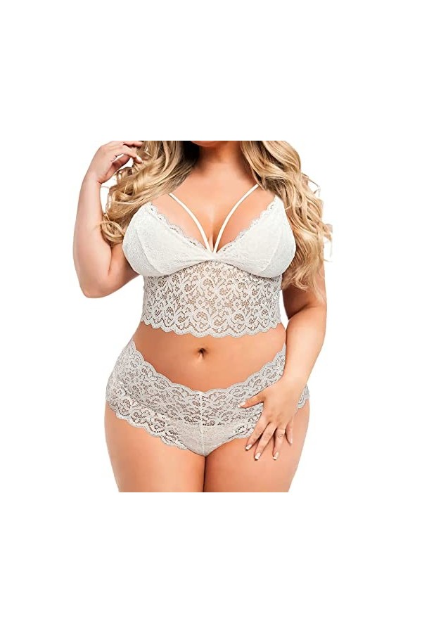 Plus Size Lingerie Sexy Col V Taille Haute Dentelle Florale Soutien-gorge et Culotte Ensemble 2 Pièces sans Armature Tenue Fe