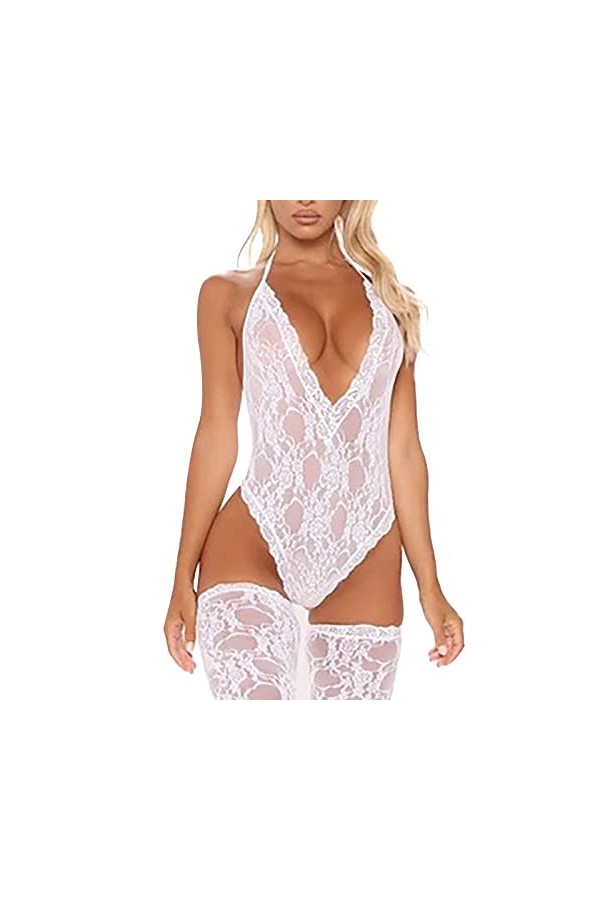 Y.2.K Style Cadeaux Femmes Lingerie Sexy Body Teddy Découpé V profond Dentelle Florale Sous-vêtements Coupe fendue Lingerie P